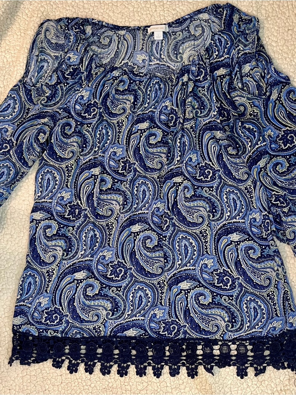 Westport Blue Paisley open Shoulder Tunic with Crochet Trim